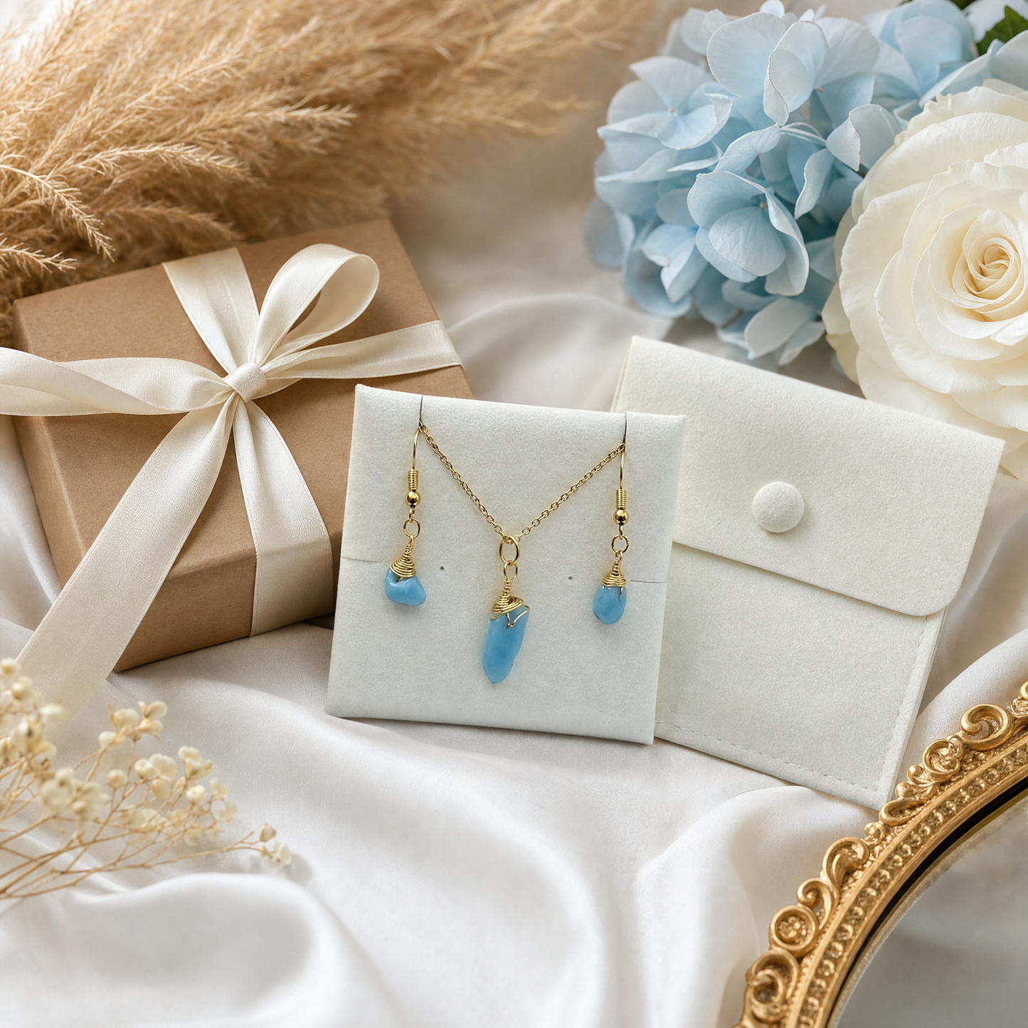 Blue Peruvian Opal Gold Wire Wrapped Crystal Pendant Necklace