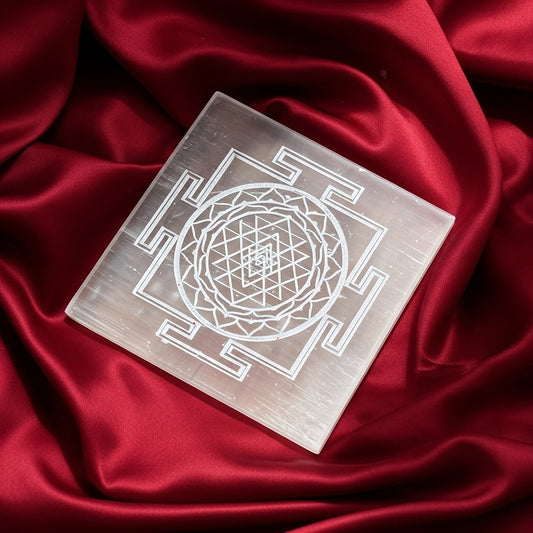 Shree Yantra Selenite Charging Plate close-up — Vedic Crystal Wealth Symbol UK Manushaa Gems