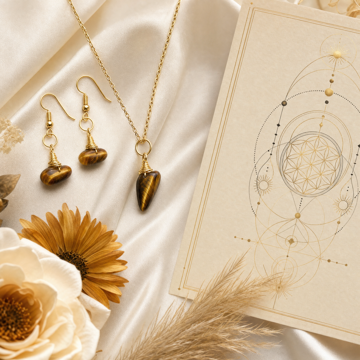 Tiger's Eye Gold Wire Wrapped Crystal Pendant Necklace