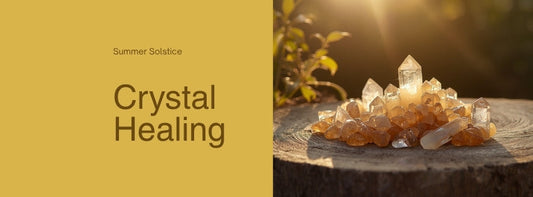 Summer Solstice crystals 2026 - citrine, sunstone and clear quartz in golden sunrise light