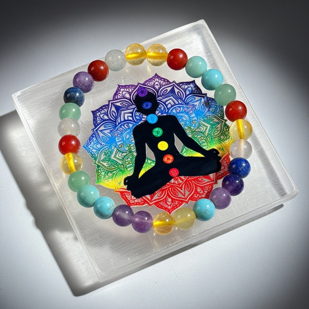 7 Chakra Selenite Plate close-up — Engraved Crystal Cleansing Chakra Slab UK Manushaa Gems