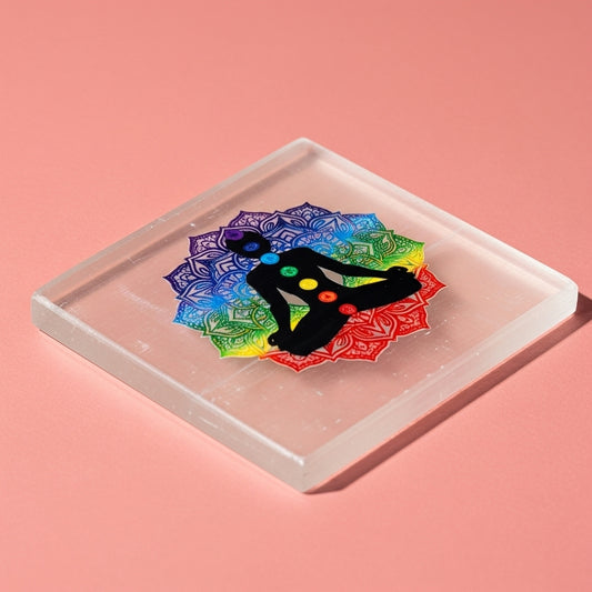 7 Chakra Selenite Charging Plate — Crystal Cleansing Engraved Chakra Slab 3x3 UK Manushaa Gems