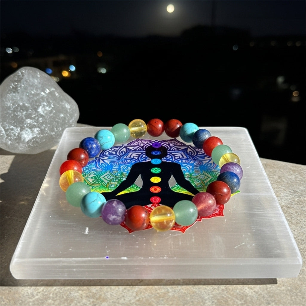 7 Chakra Selenite Plate reverse — Crystal Cleansing Energy Slab UK Manushaa Gems