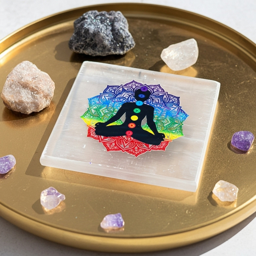7 Chakra Selenite Plate natural — Crystal Cleansing Spiritual Gift UK Manushaa Gems