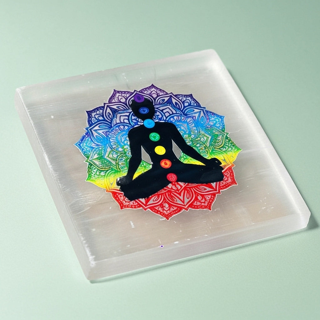 7 Chakra Selenite Charging Plate front — Crystal Cleansing Gift UK Manushaa Gems