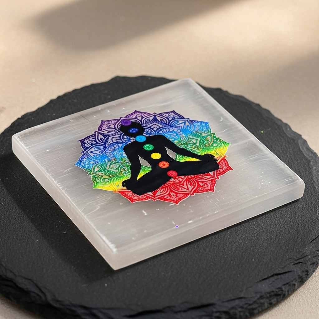 7 Chakra Selenite Plate lifestyle — Crystal Healing Spiritual Gift UK Manushaa Gems