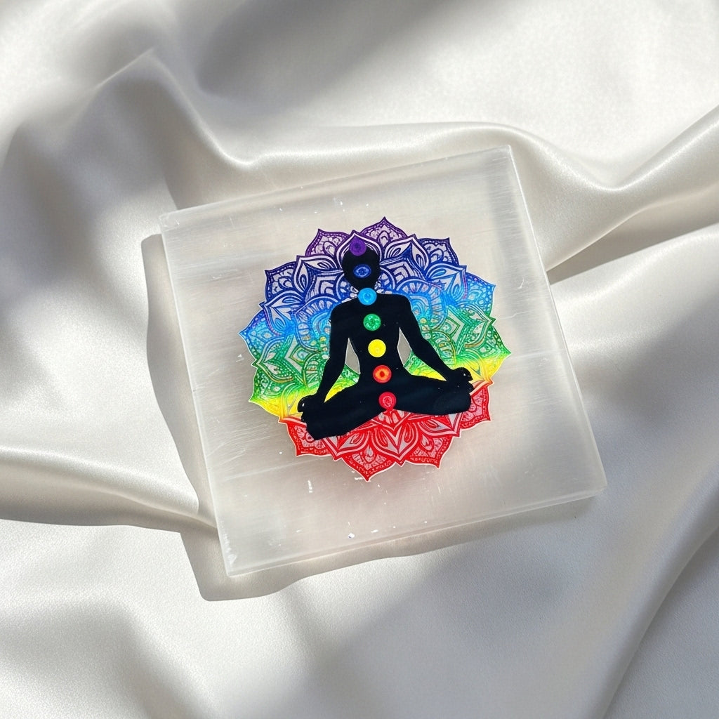 7 Chakra Selenite Plate angle — Engraved Crystal Cleansing Slab UK Manushaa Gems