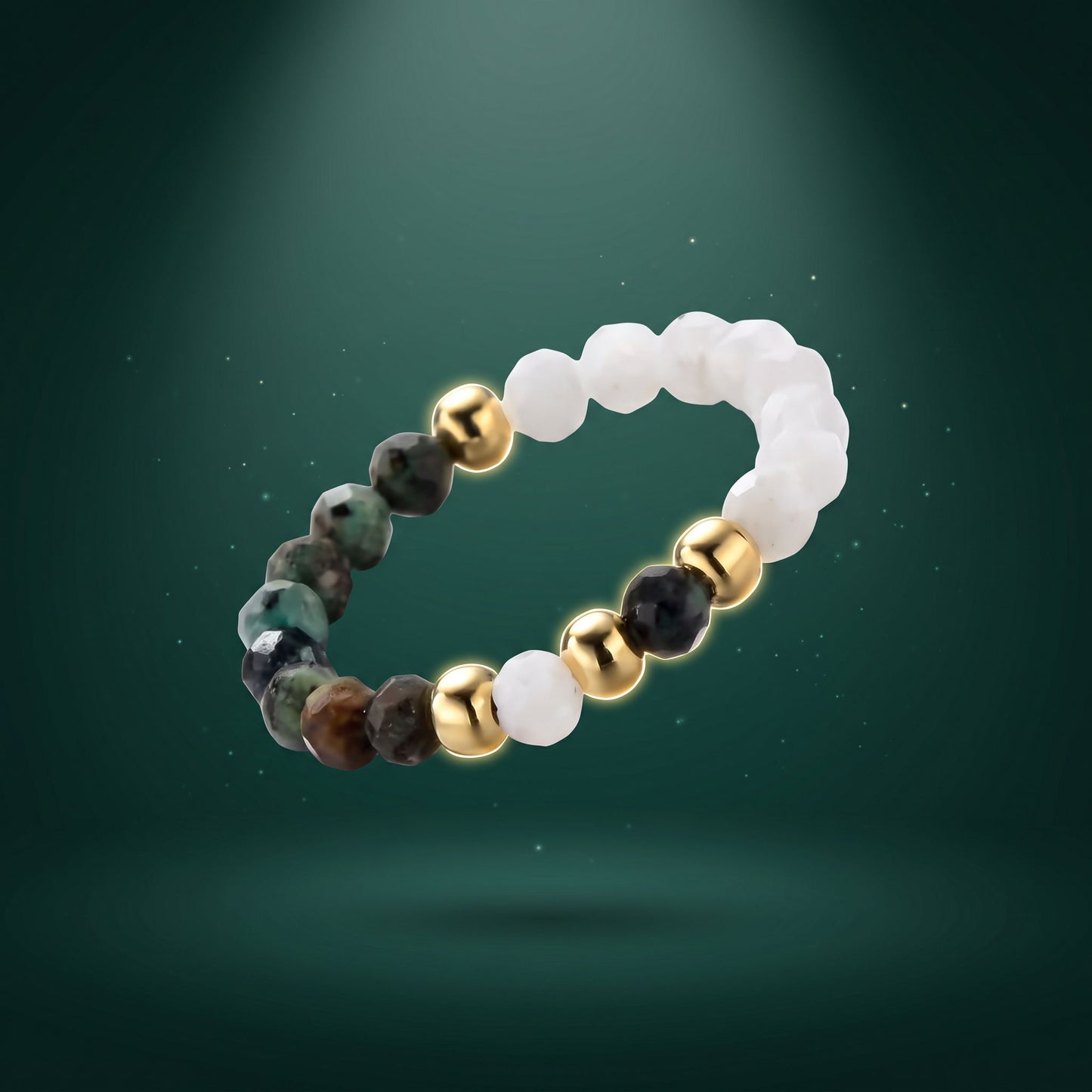 African Turquoise & Moonstone Stretch Beaded Ring | 3mm Faceted Crystal Ring