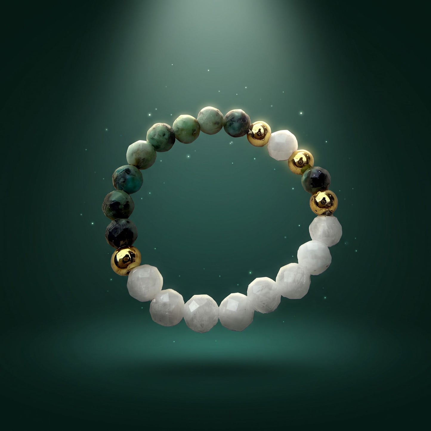 African Turquoise & Moonstone Stretch Beaded Ring | 3mm Faceted Crystal Ring