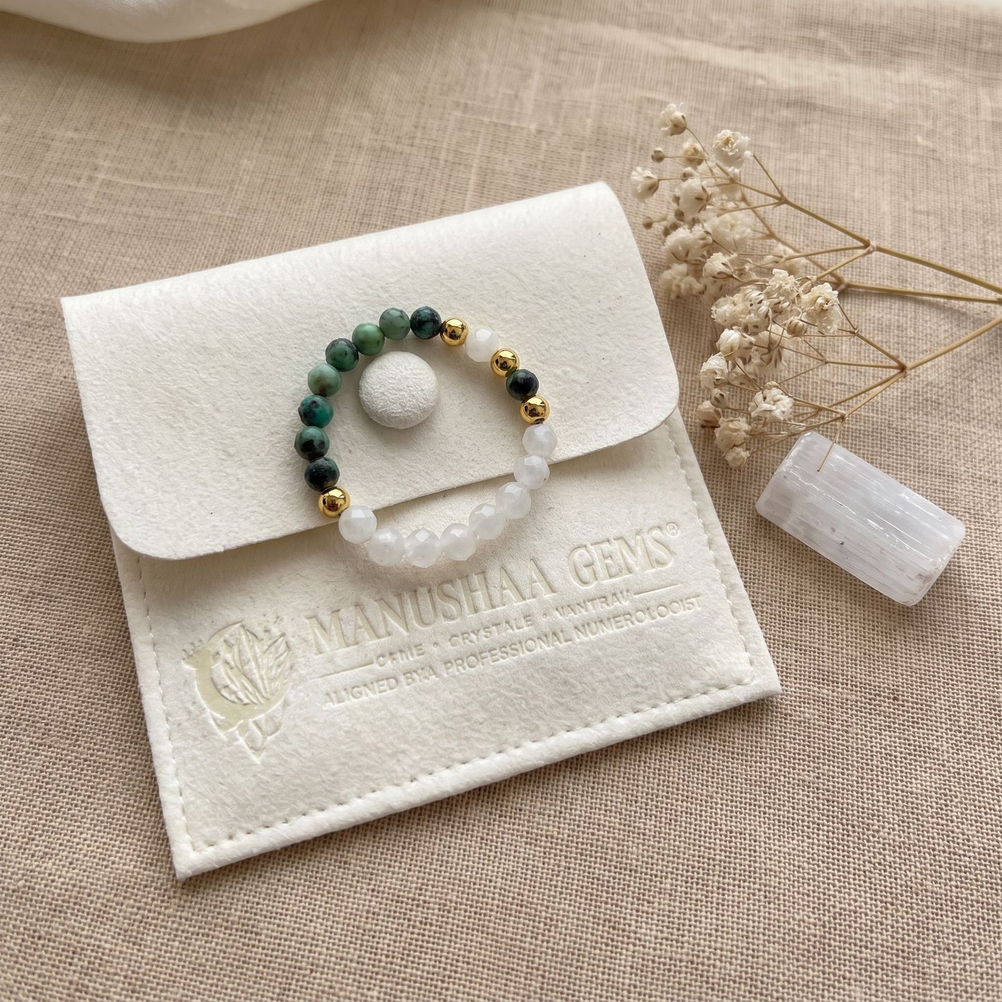 African Turquoise & Moonstone Stretch Beaded Ring | 3mm Faceted Crystal Ring