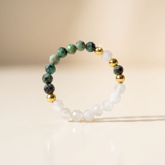 African Turquoise & Moonstone Stretch Beaded Ring | 3mm Faceted Crystal Ring