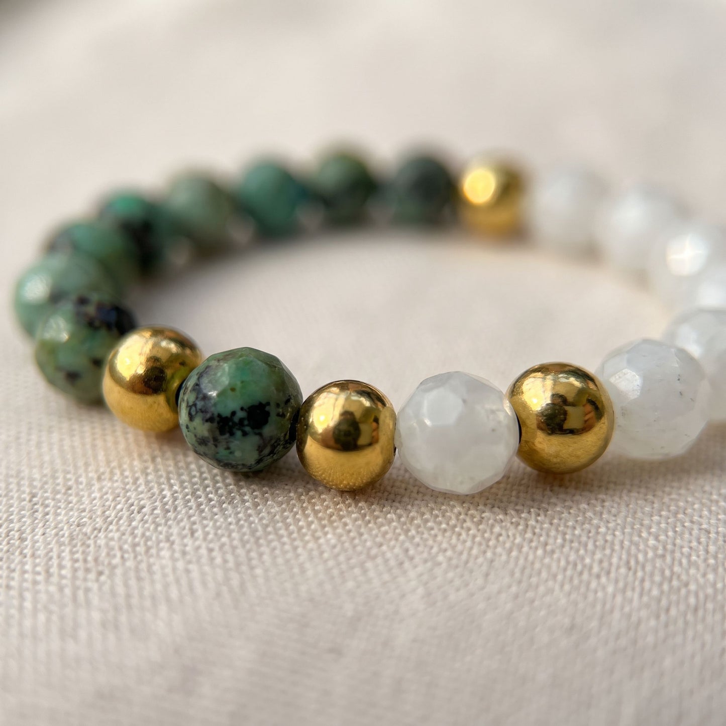 African Turquoise & Moonstone Stretch Beaded Ring | 3mm Faceted Crystal Ring
