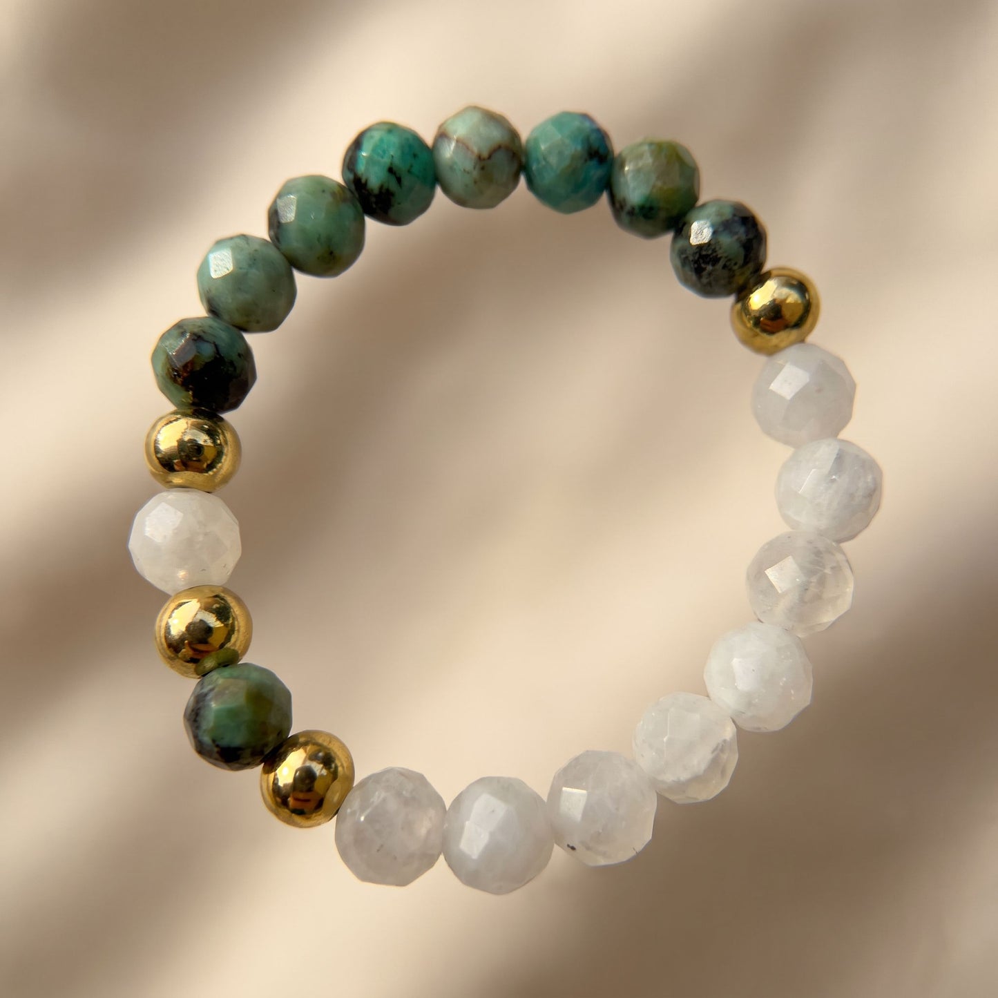 African Turquoise & Moonstone Stretch Beaded Ring | 3mm Faceted Crystal Ring