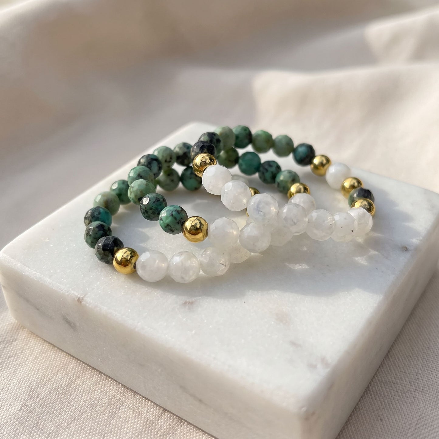 African Turquoise & Moonstone Stretch Beaded Ring | 3mm Faceted Crystal Ring