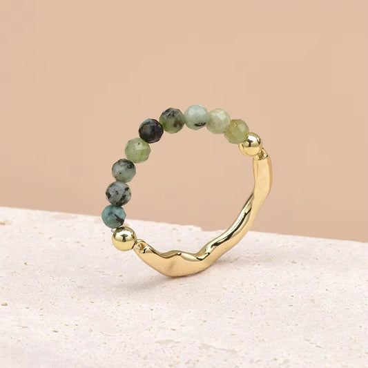 African Turquoise Faceted Crystal Bead Ring by Manushaa Gems — Natural Teal Gemstone Stretch Ring