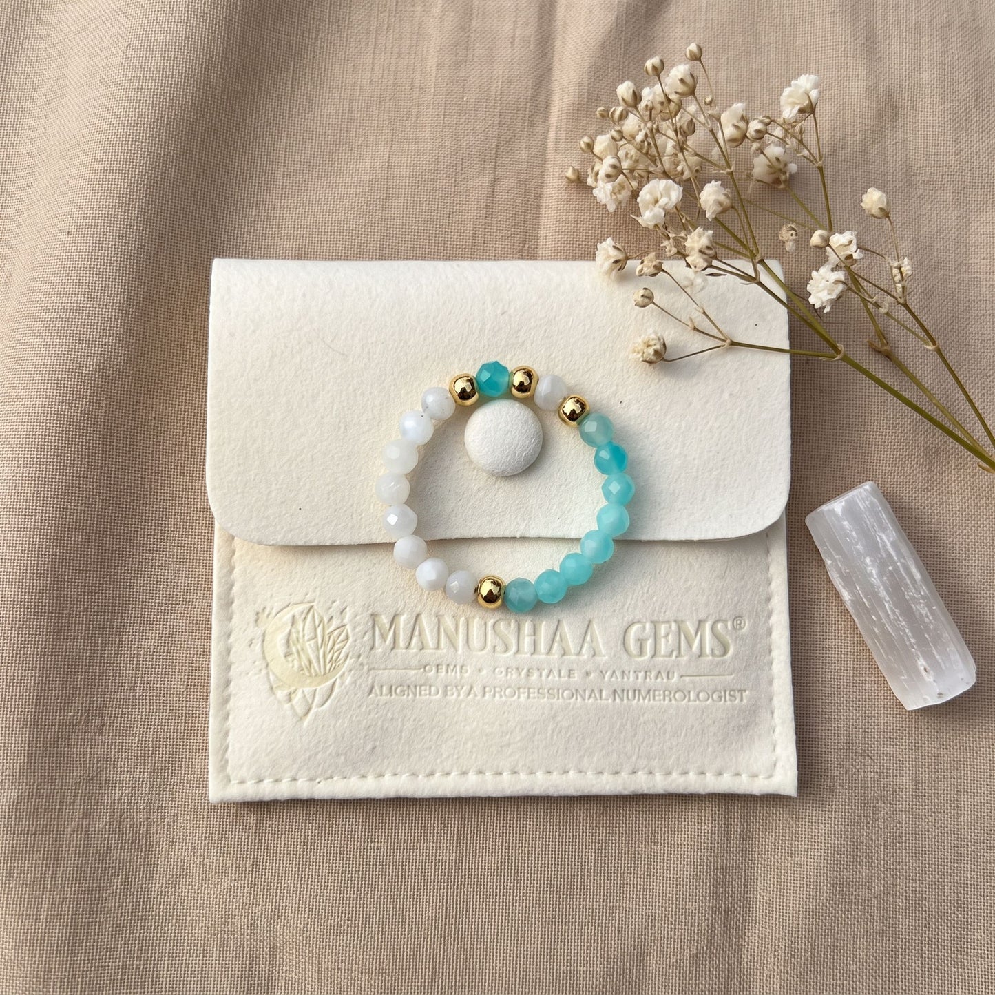 Amazonite & Moonstone Stretch Beaded Ring | 3mm Faceted Crystal Ring
