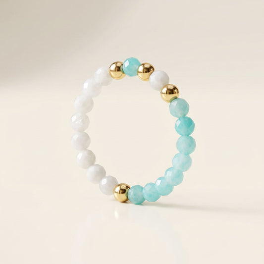 Amazonite & Moonstone Stretch Beaded Ring | 3mm Faceted Crystal Ring