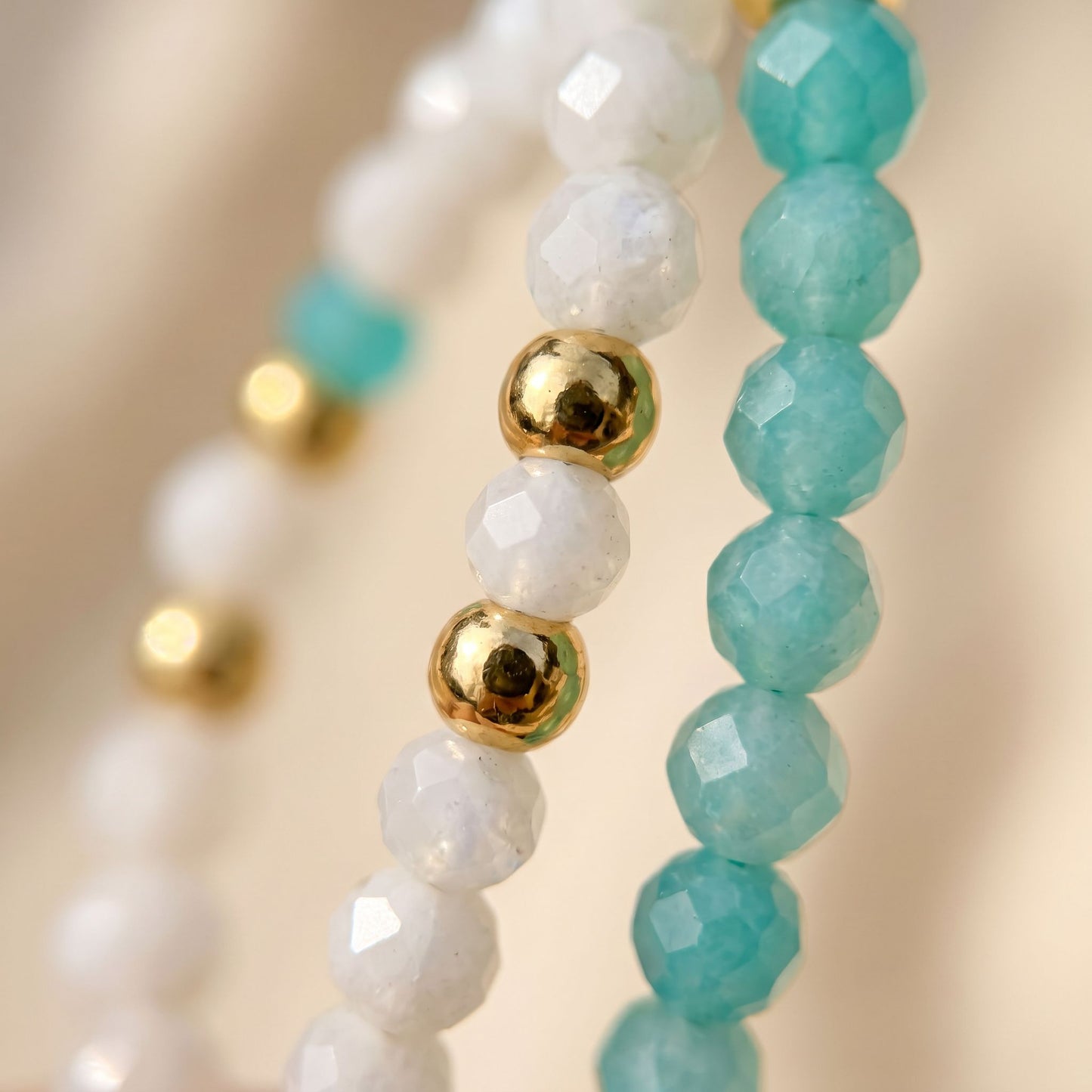 Amazonite & Moonstone Stretch Beaded Ring | 3mm Faceted Crystal Ring
