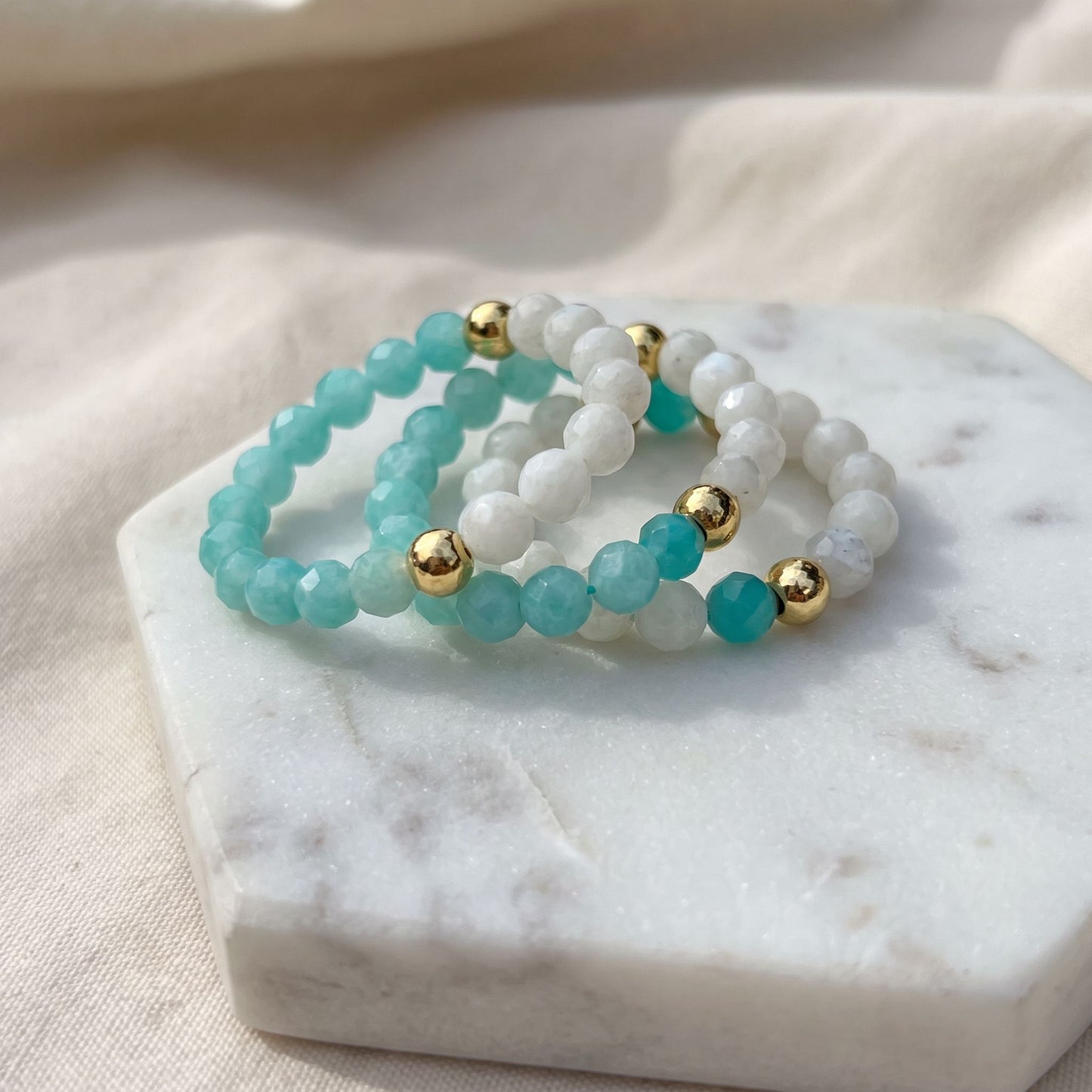 Amazonite & Moonstone Stretch Beaded Ring | 3mm Faceted Crystal Ring