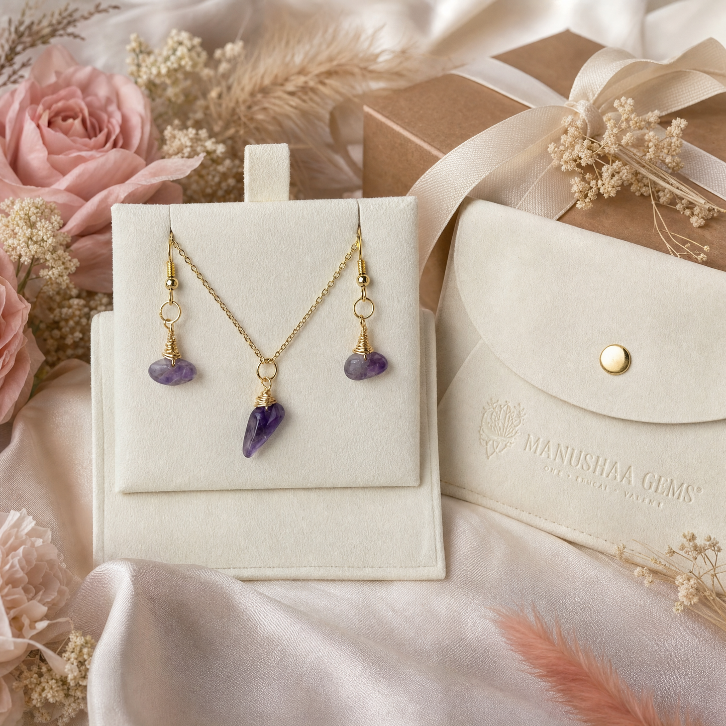 Amethyst Gold Wire Wrapped Crystal Pendant Necklace