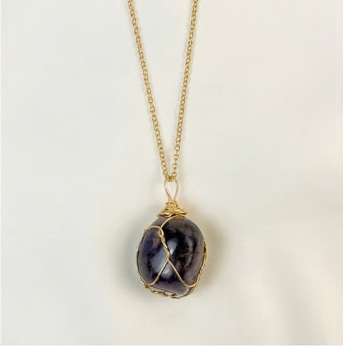 Amethyst Wire Wrapped Crystal Pendant Necklace by Manushaa Gems