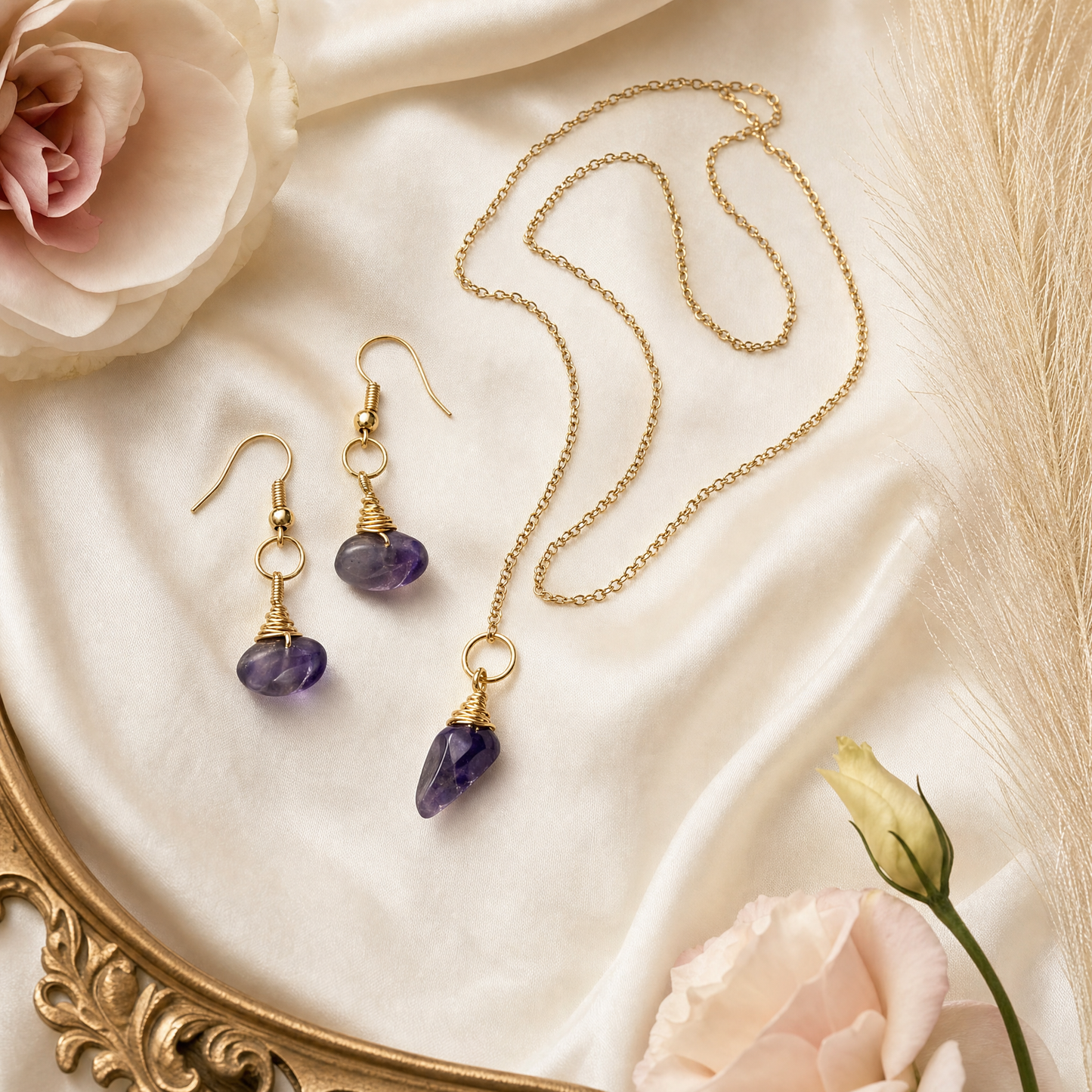 Amethyst Gold Wire Wrapped Crystal Pendant Necklace