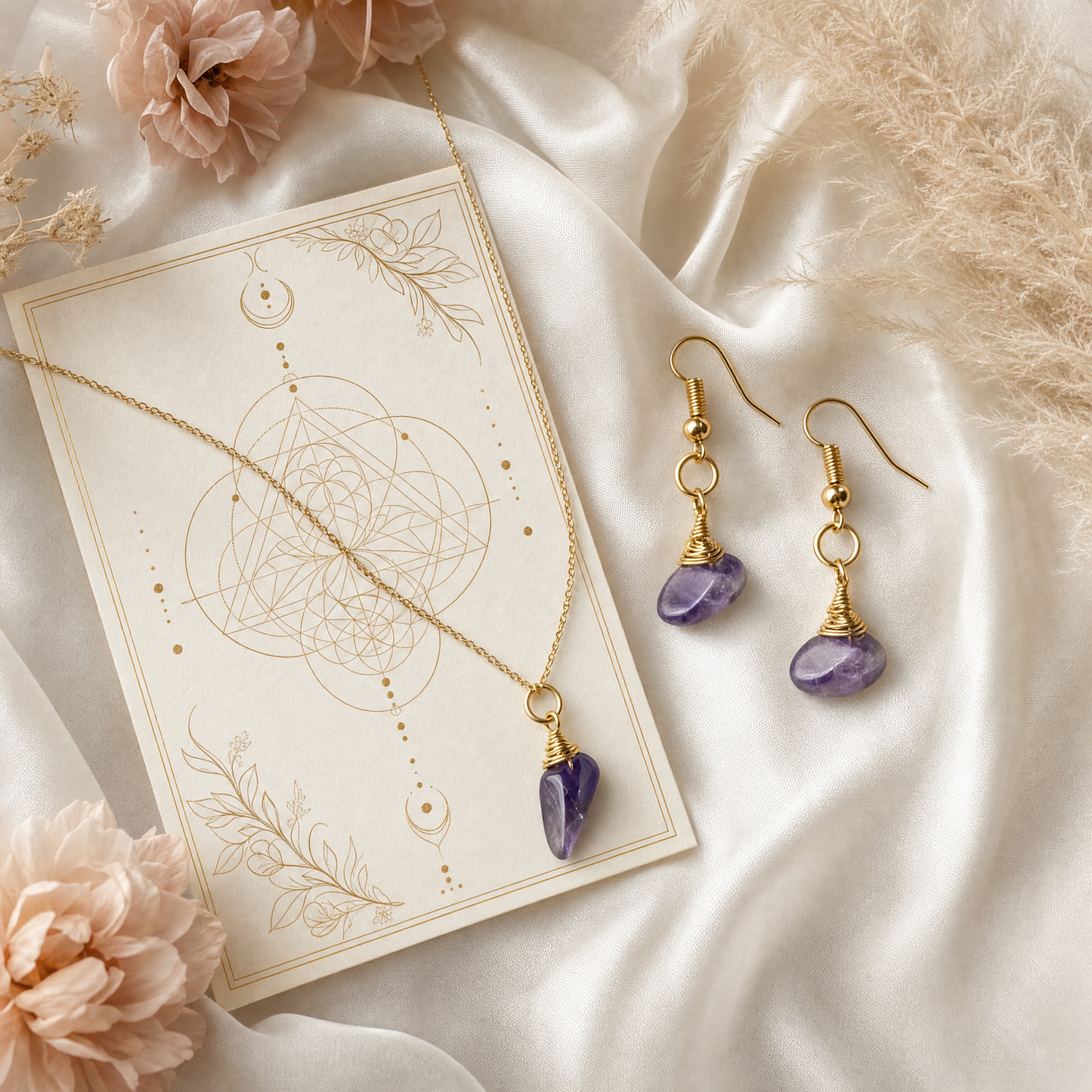 Amethyst Gold Wire Wrapped Crystal Pendant Necklace