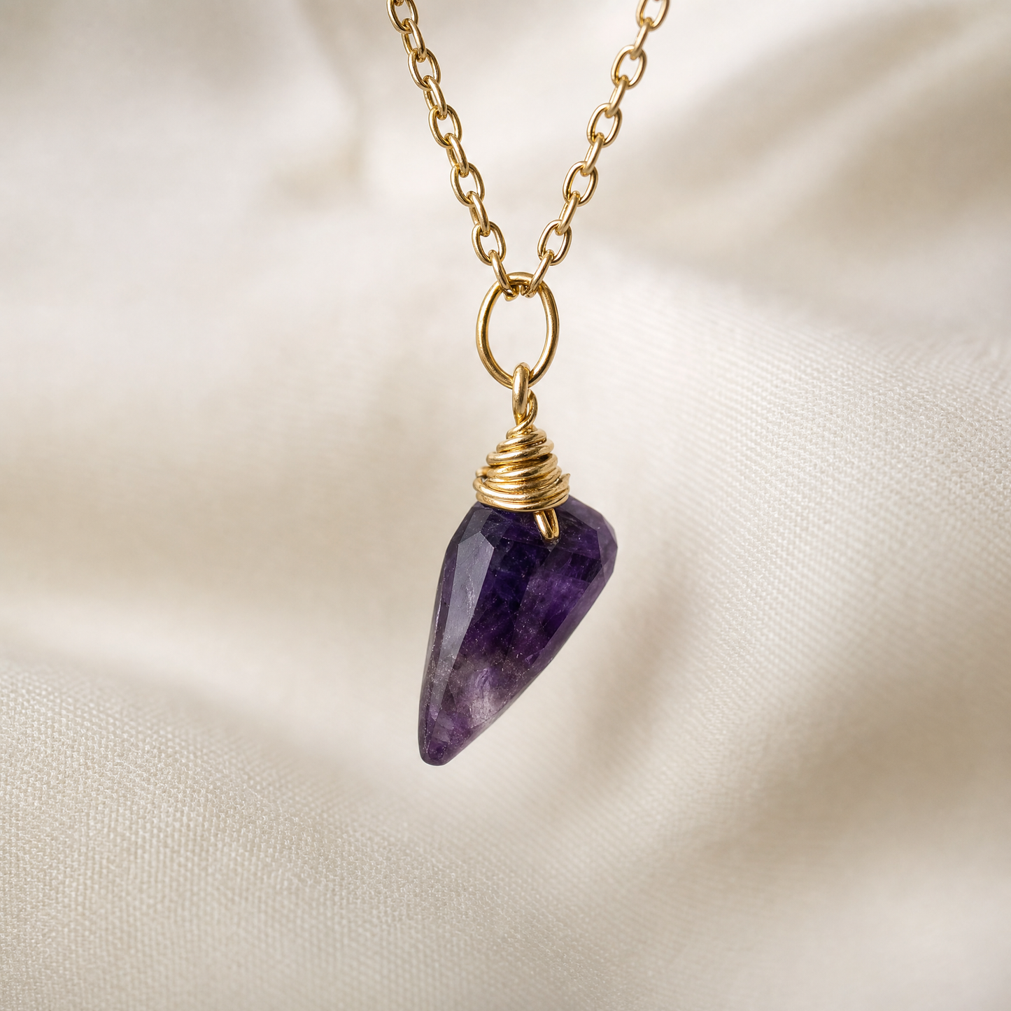 Amethyst Gold Wire Wrapped Crystal Pendant Necklace