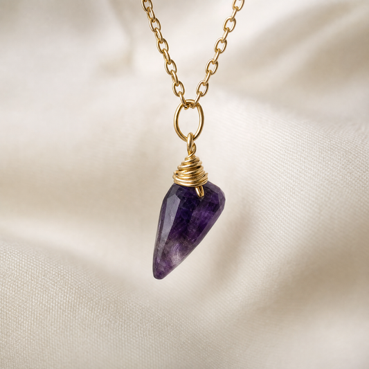Amethyst Gold Wire Wrapped Crystal Pendant Necklace