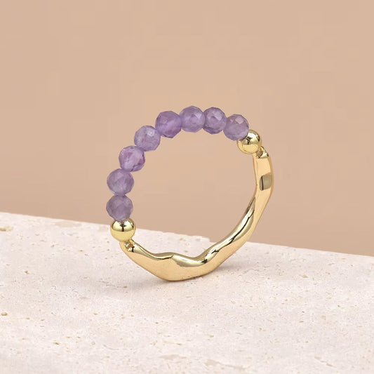 Amethyst Faceted Crystal Bead Ring by Manushaa Gems — Natural Purple Gemstone Stretch Ring