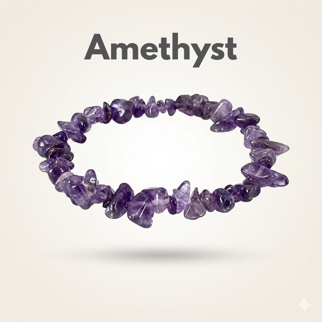 Amethyst crystal chip bracelet on a natural surface — Manushaa Gems