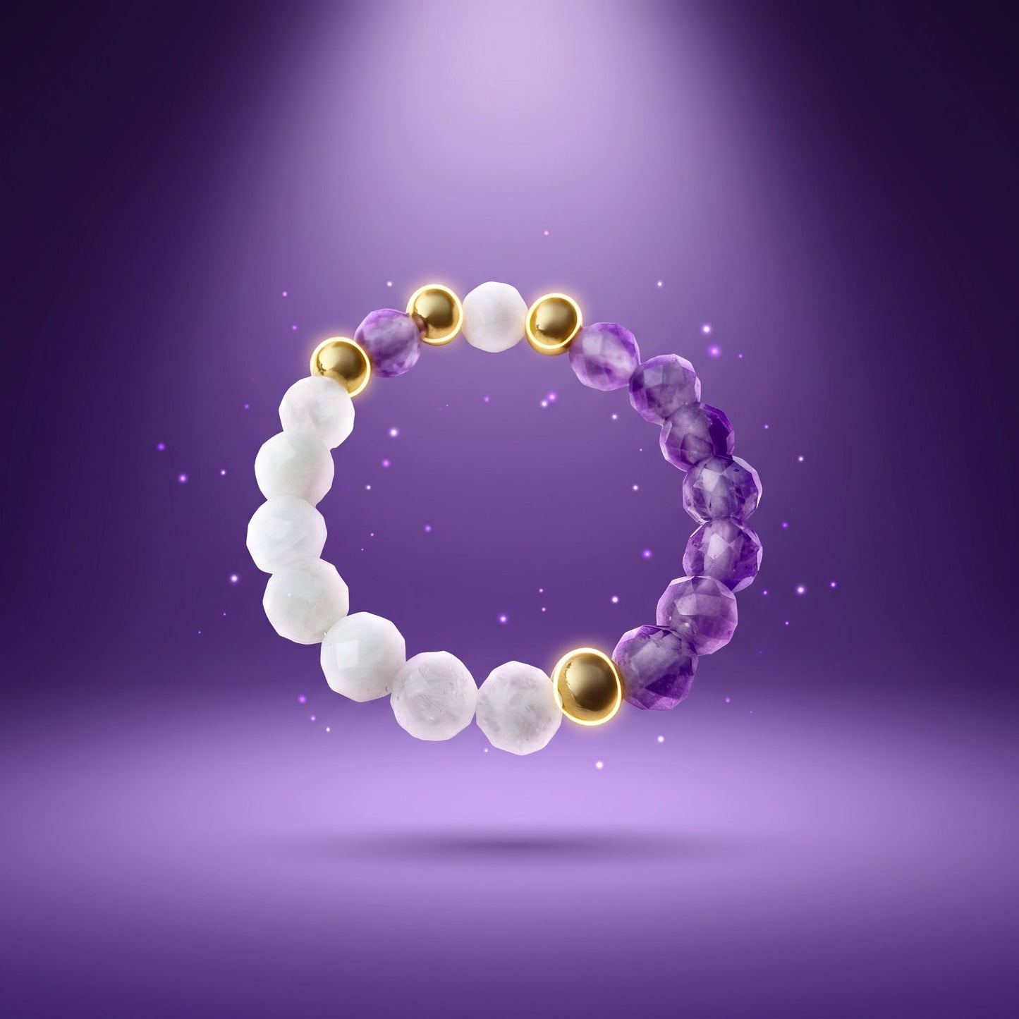 Amethyst & Moonstone Stretch Beaded Ring | 3mm Faceted Crystal Ring