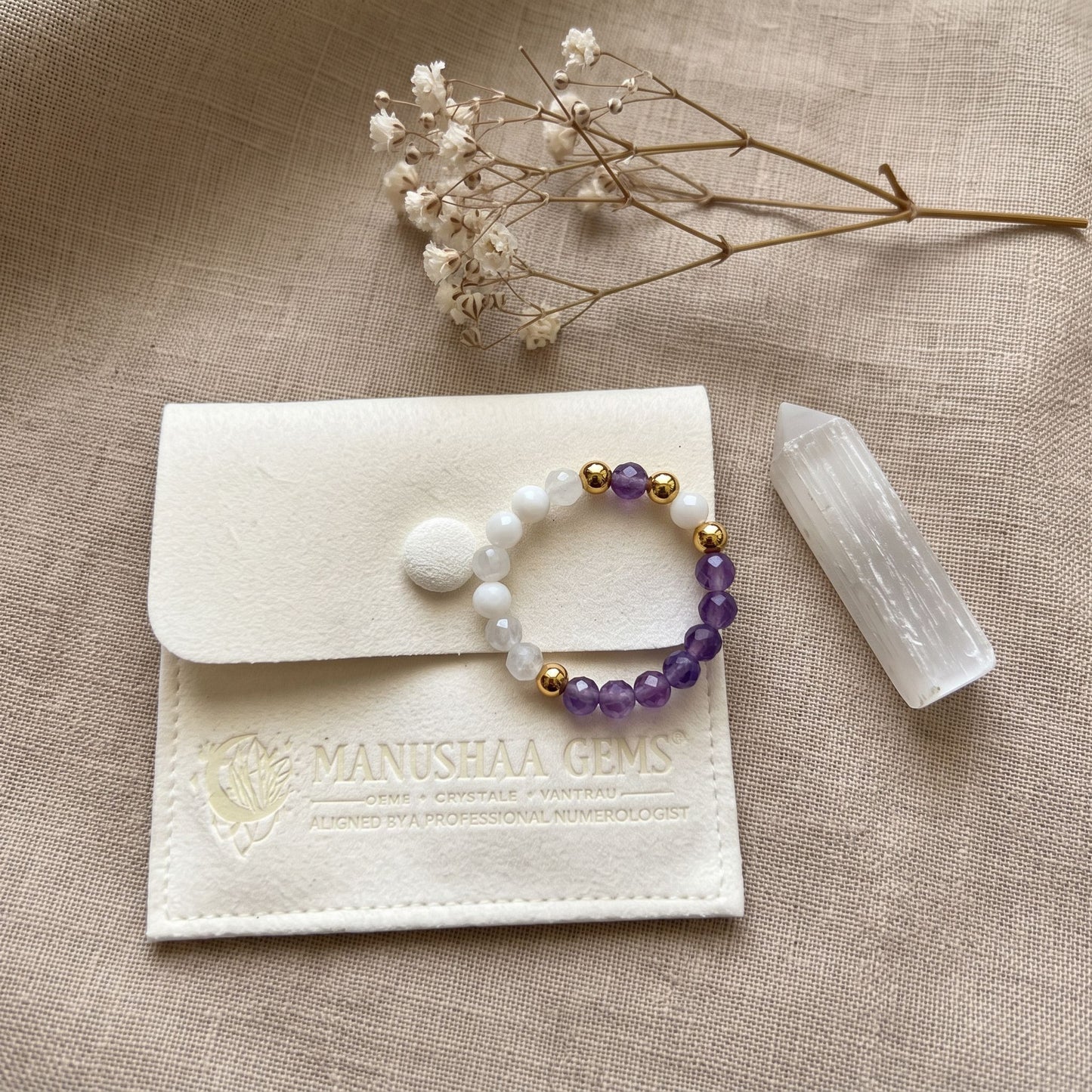 Amethyst & Moonstone Stretch Beaded Ring | 3mm Faceted Crystal Ring