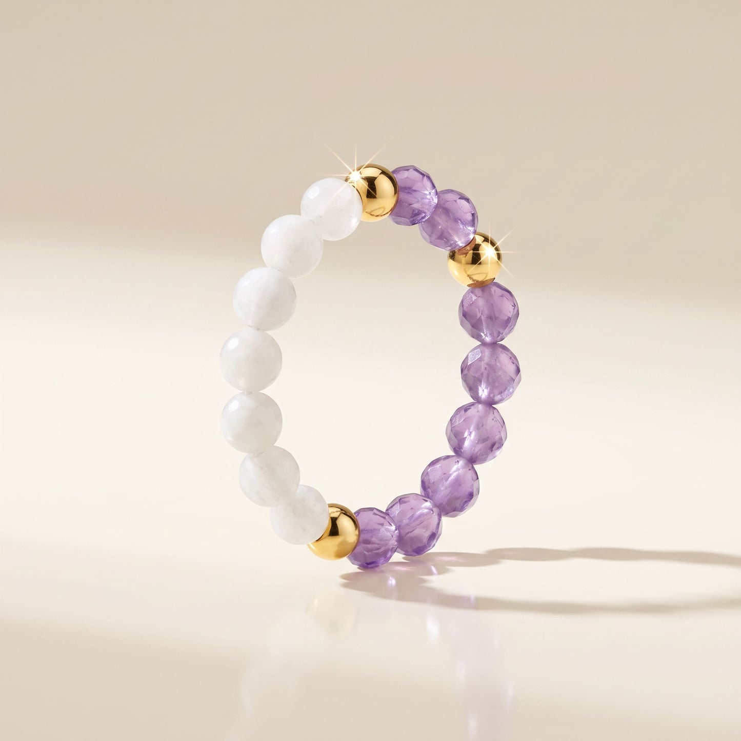 Amethyst & Moonstone Stretch Beaded Ring | 3mm Faceted Crystal Ring