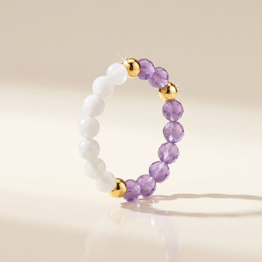 Amethyst & Moonstone Stretch Beaded Ring | 3mm Faceted Crystal Ring