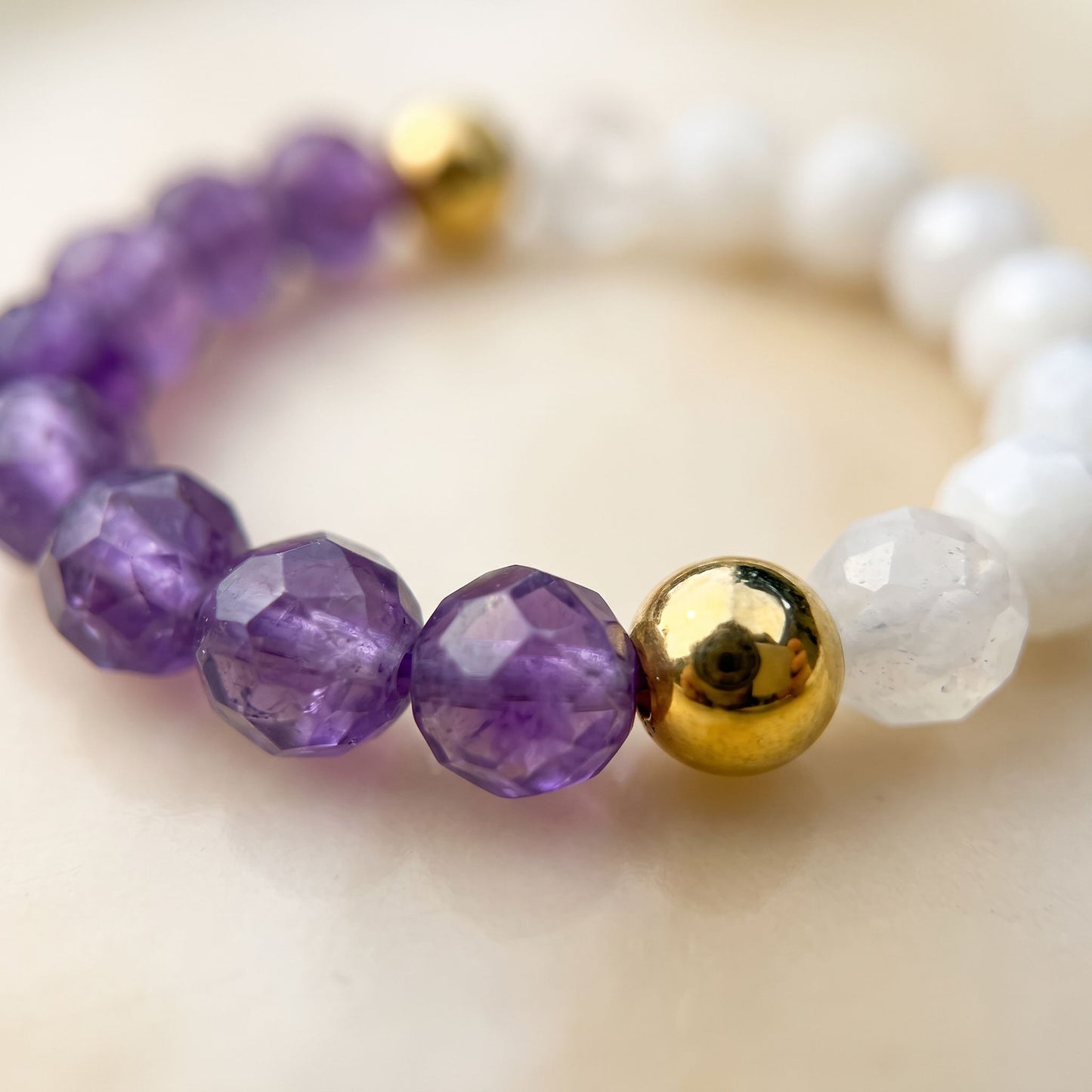Amethyst & Moonstone Stretch Beaded Ring | 3mm Faceted Crystal Ring