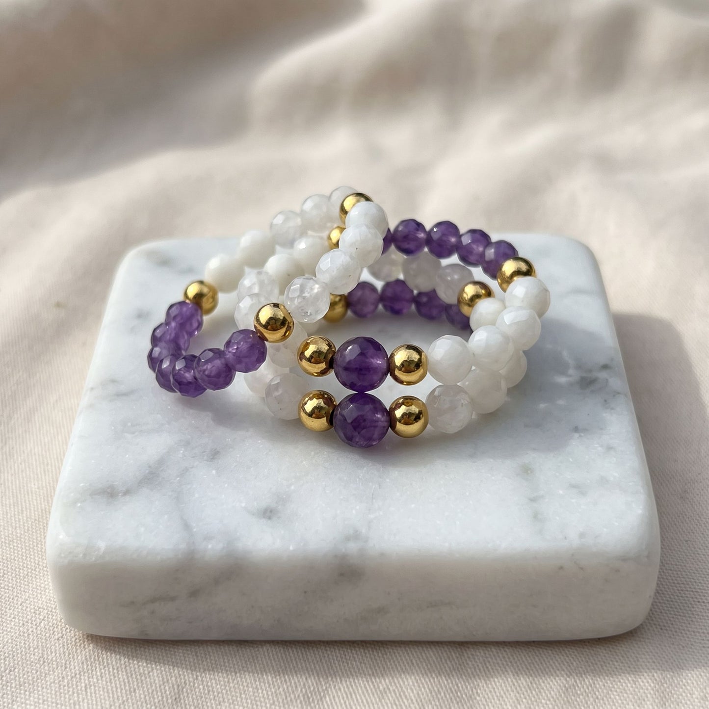Amethyst & Moonstone Stretch Beaded Ring | 3mm Faceted Crystal Ring