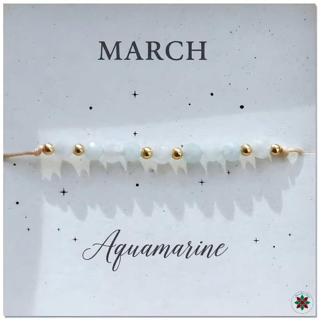 March Aquamarine Birthstone Crystal — Adjustable Gold Bracelet Gift UK Manushaa Gems