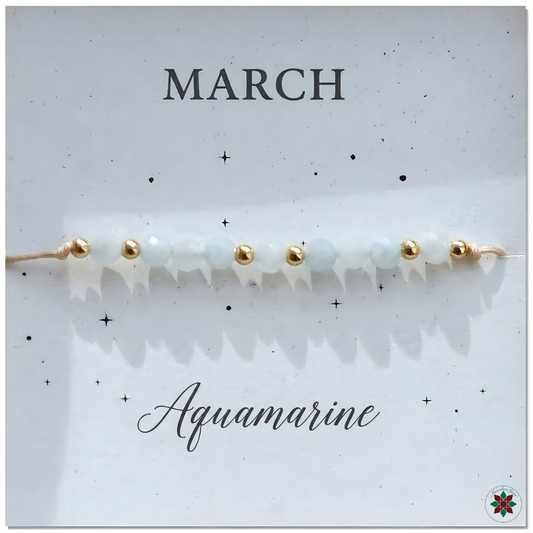 March Aquamarine Birthstone Crystal — Adjustable Gold Bracelet Gift UK Manushaa Gems