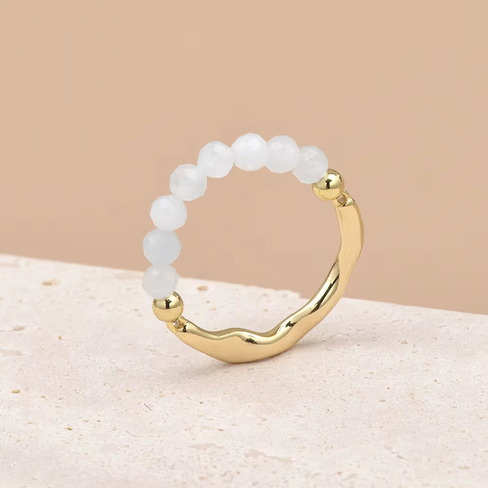 Aquamarine Faceted Crystal Bead Ring by Manushaa Gems — Natural Blue Gemstone Stretch Ring