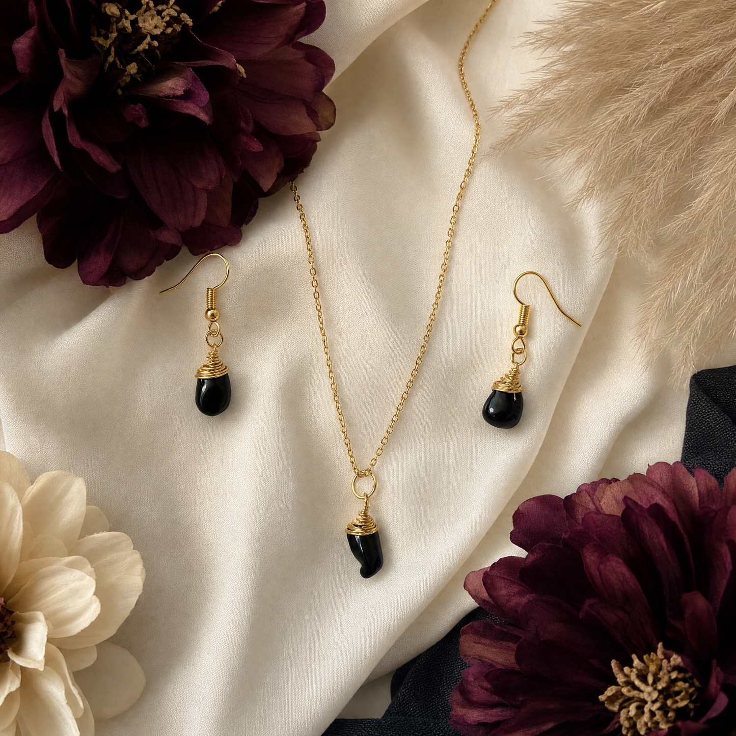 Black Tourmaline Gold Wire Wrapped Crystal Pendant Necklace