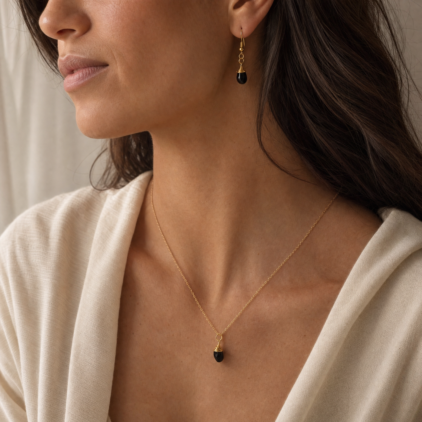 Black Tourmaline Gold Wire Wrapped Crystal Pendant Necklace