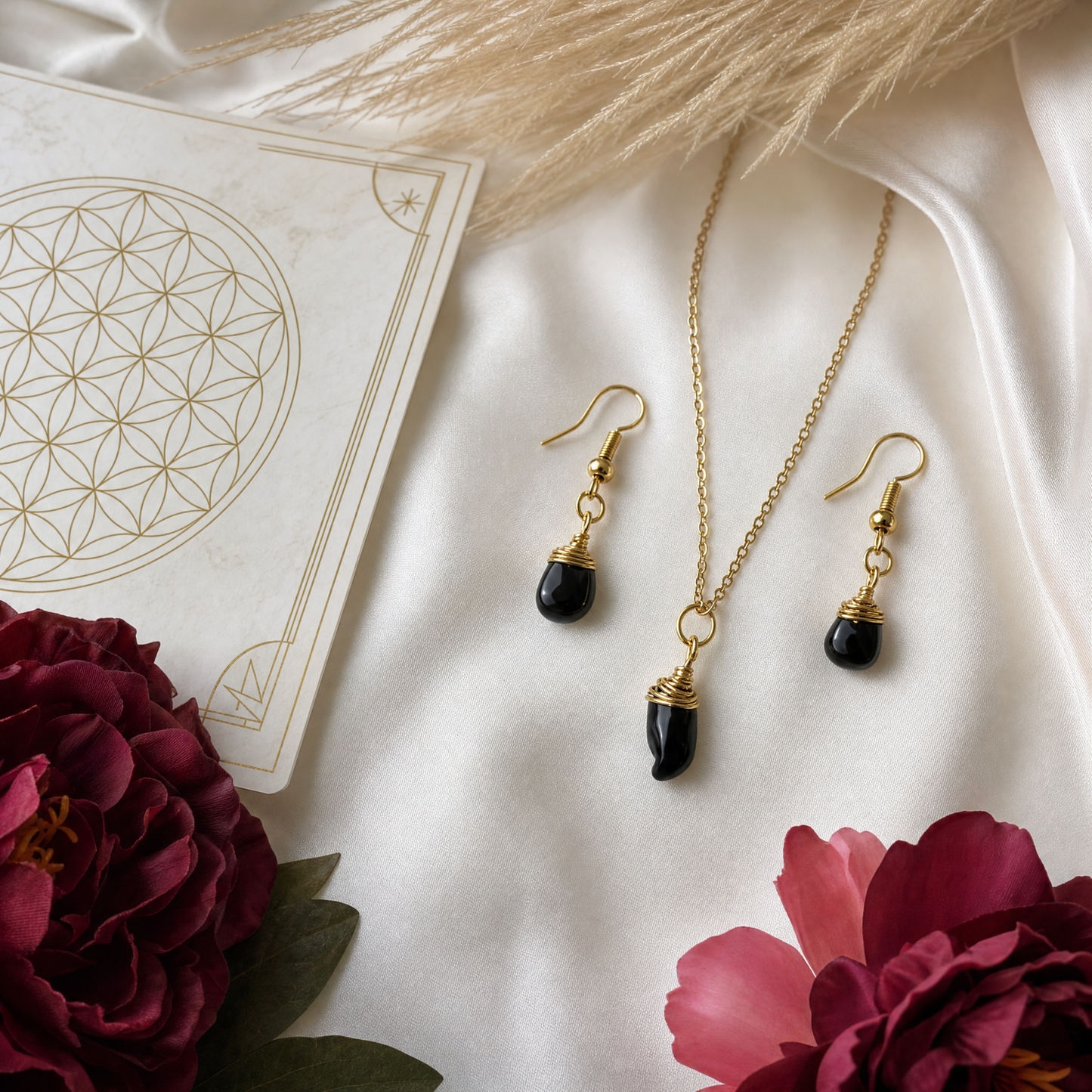 Black Tourmaline Gold Wire Wrapped Crystal Pendant Necklace