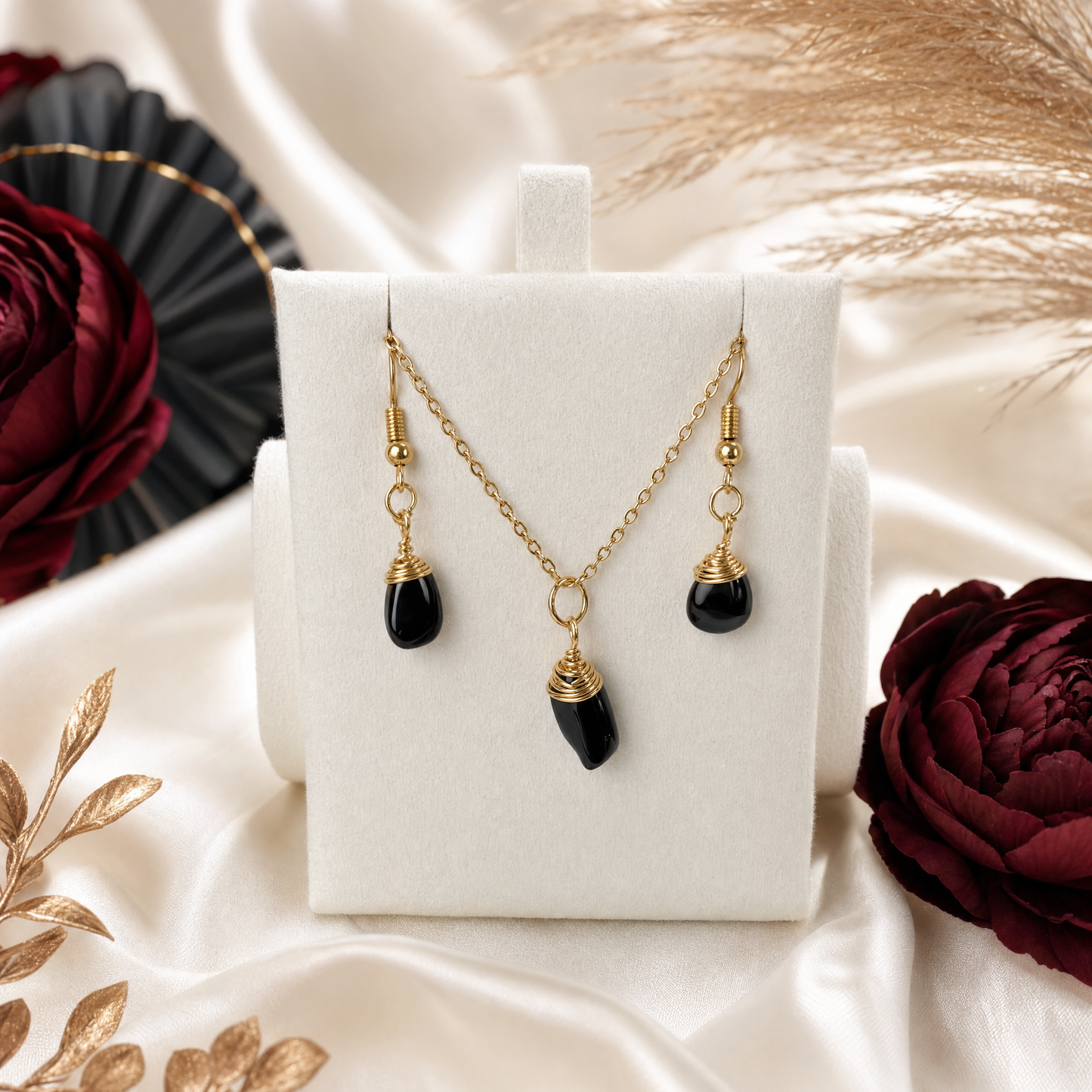 Black Tourmaline Gold Wire Wrapped Crystal Pendant Necklace