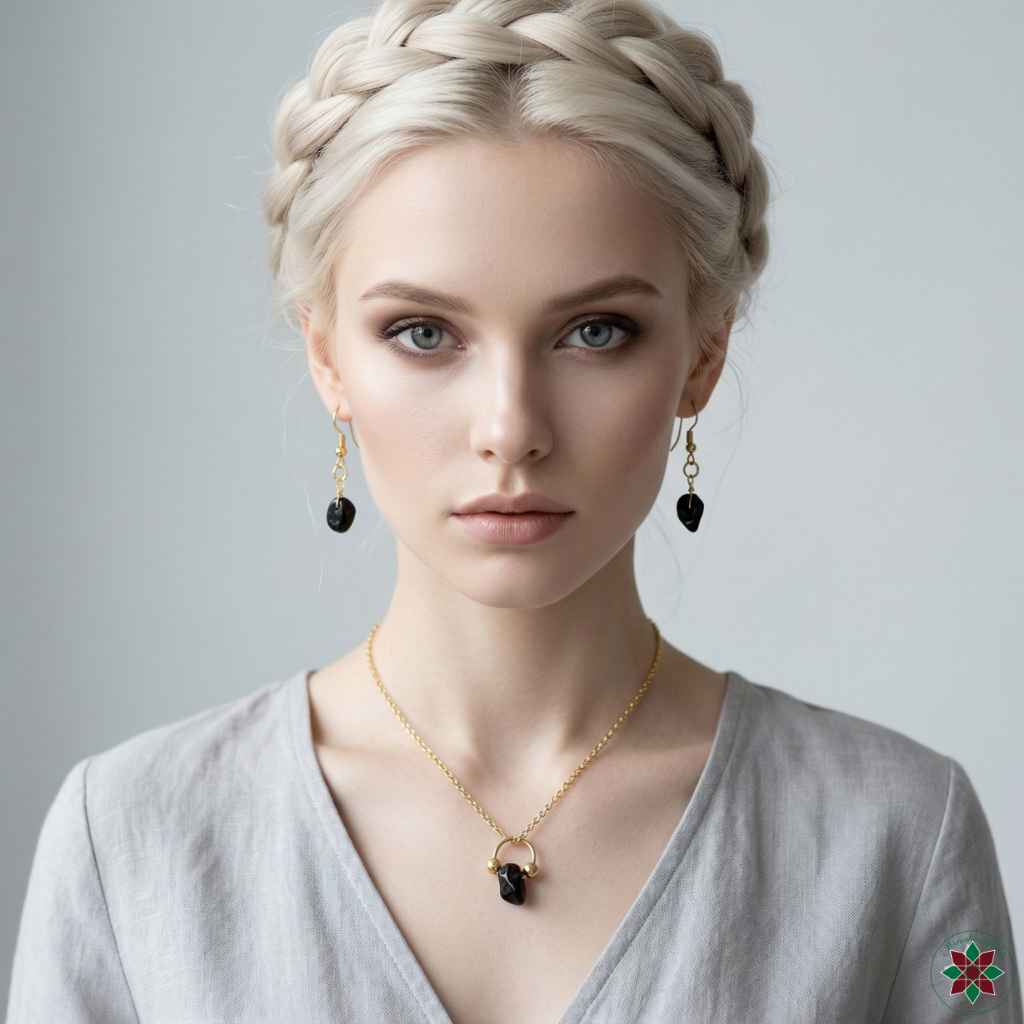 Black tourmaline crystal necklace and earrings gift set by Manushaa Gems — natural protection stone in gold-plated setting, UK