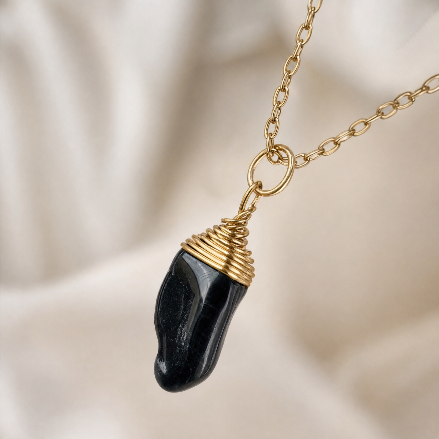 Black Tourmaline Gold Wire Wrapped Crystal Pendant Necklace