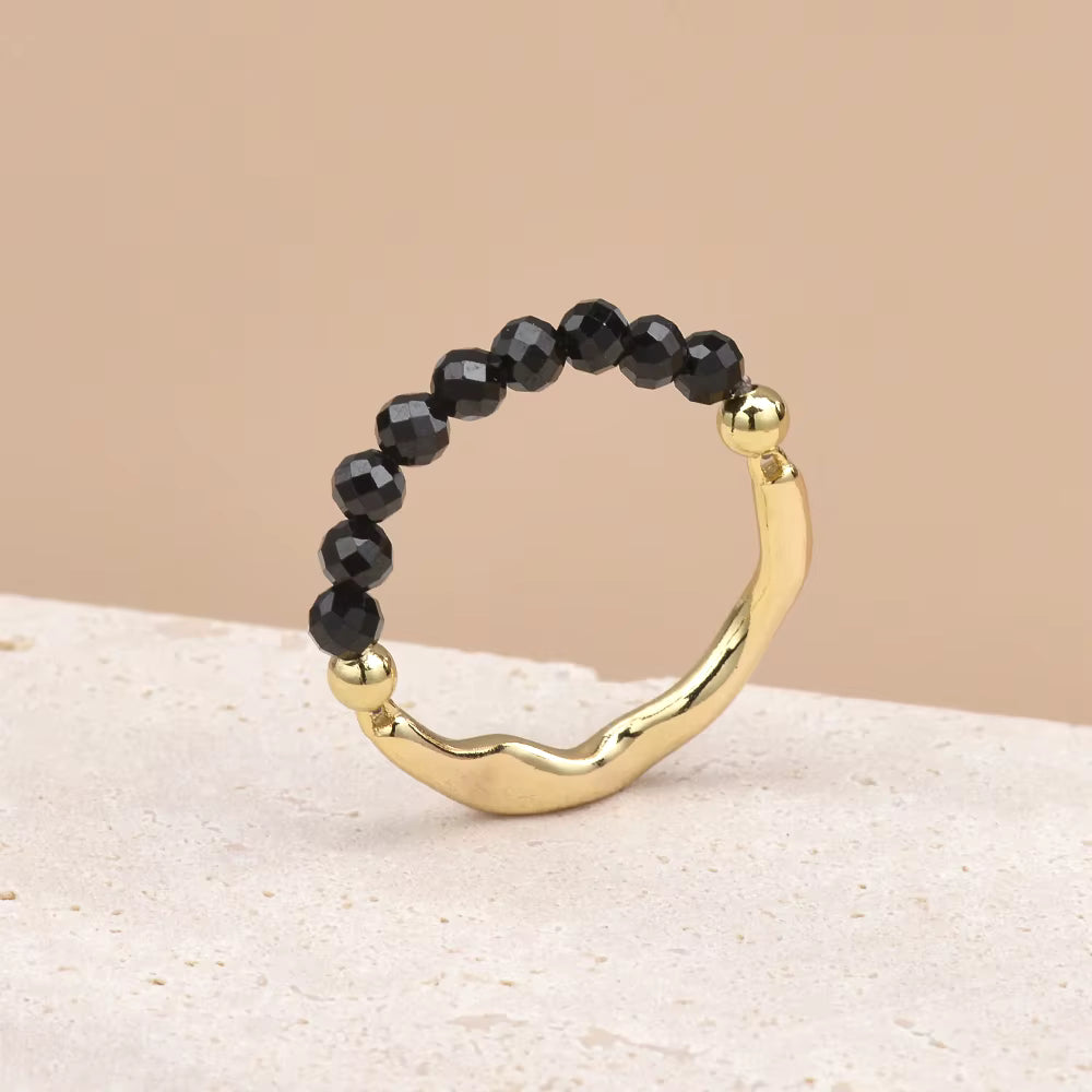 Black Spinel Faceted Crystal Bead Ring by Manushaa Gems — Natural Black Gemstone Stretch Ring