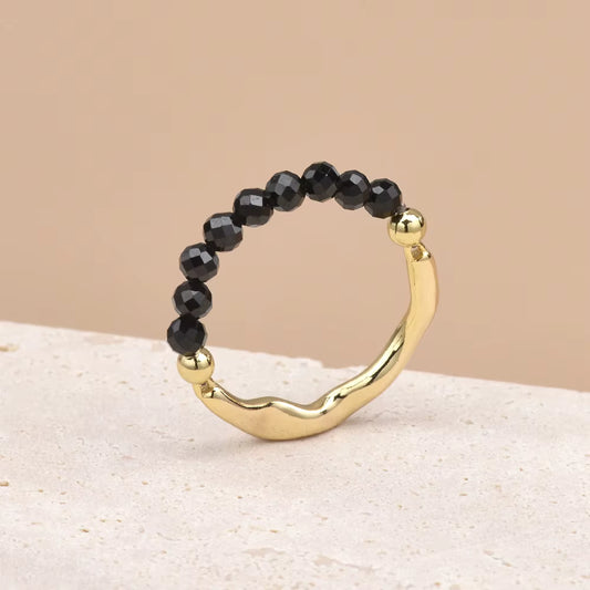 Black Spinel Faceted Crystal Bead Ring by Manushaa Gems — Natural Black Gemstone Stretch Ring
