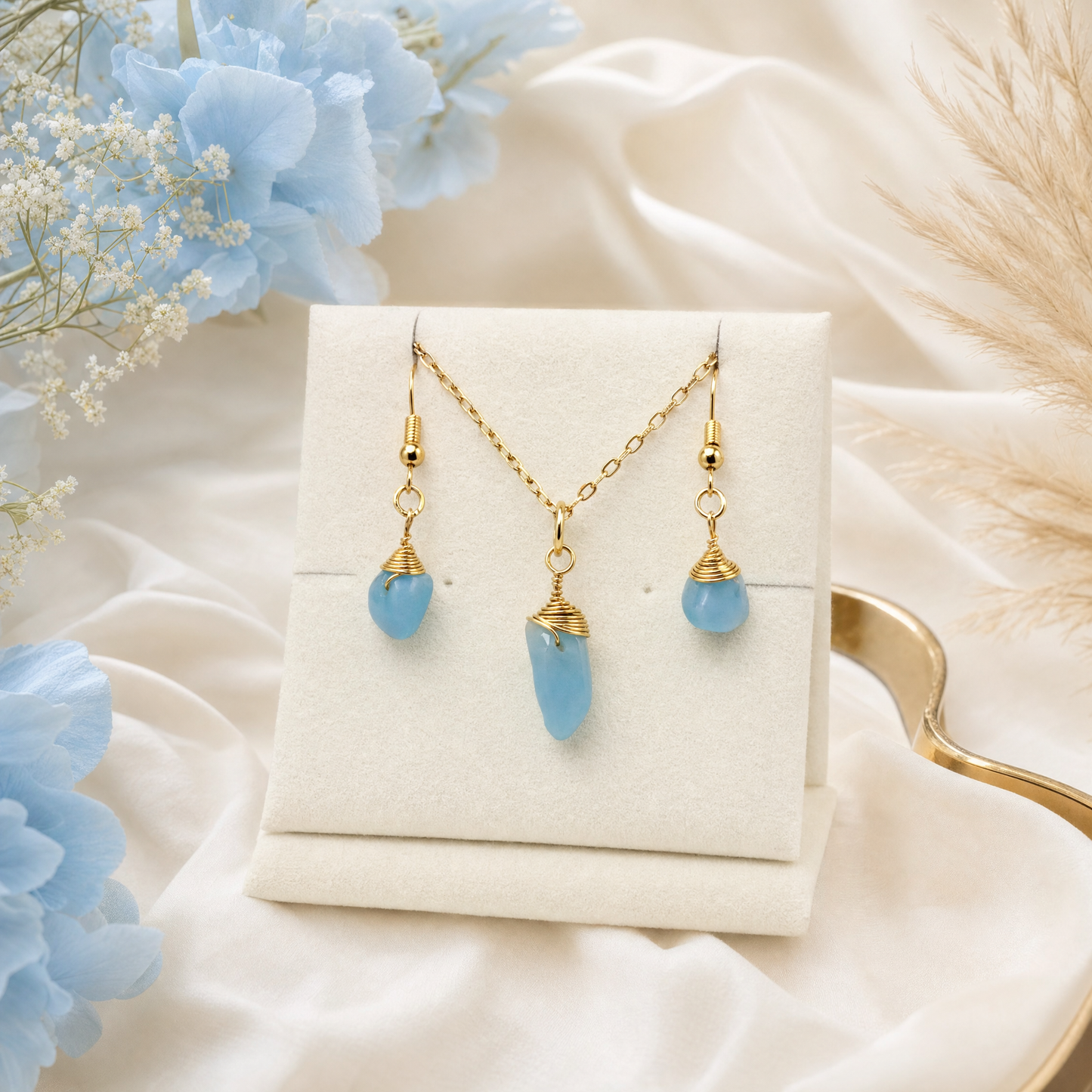 Blue Peruvian Opal Gold Wire Wrapped Crystal Pendant Necklace