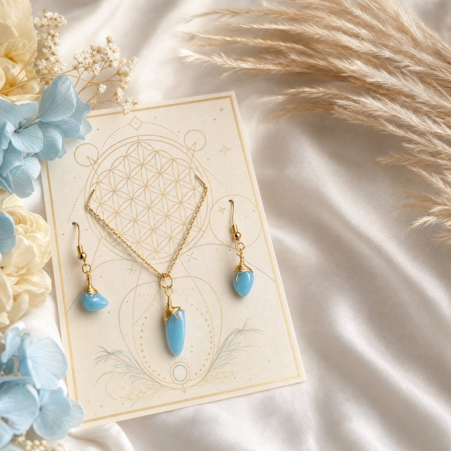 Blue Peruvian Opal Gold Wire Wrapped Crystal Pendant Necklace